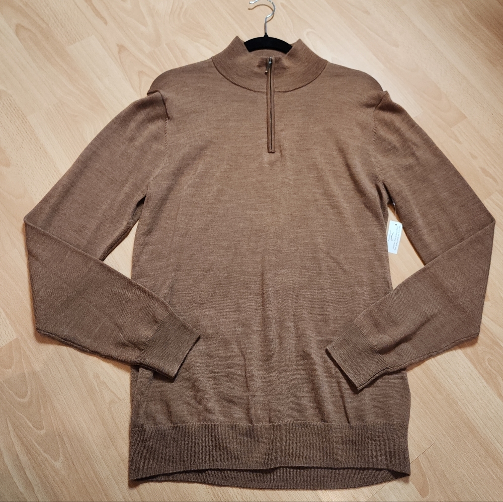 NWT Goodthreads MT 100% Merino Wool Camel Brown 1/4‎ Zip Sweater Medium Tall